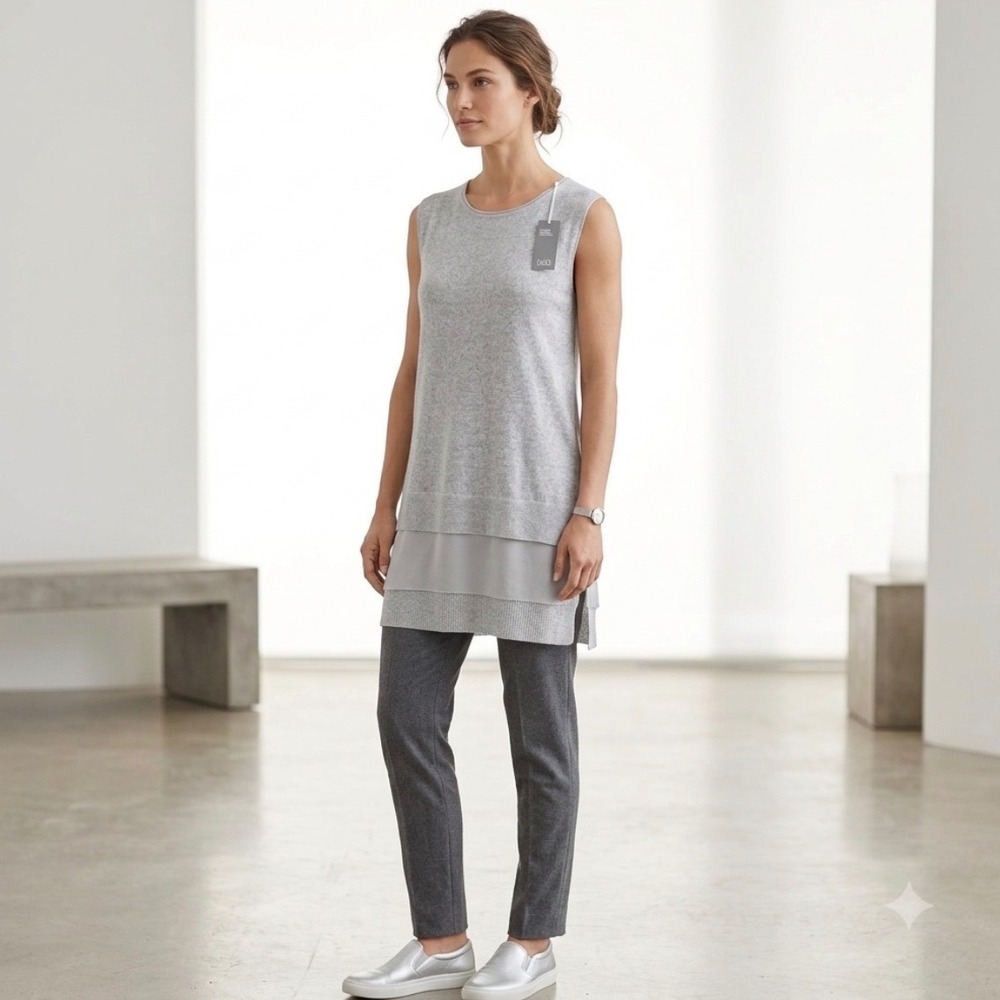 Eileen‎ Fisher Tunic Womens S Gray Silk Trim Linen Knit Ballet Neck F4PLZ-W2985M